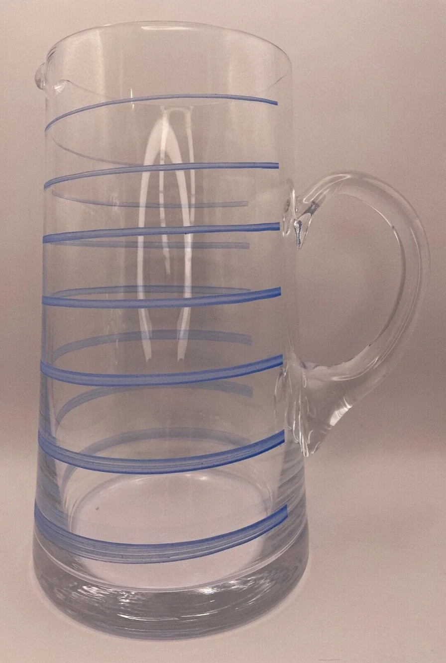 Vintage Heavy Glass Pitcher with Blue Stripes Pre-owned